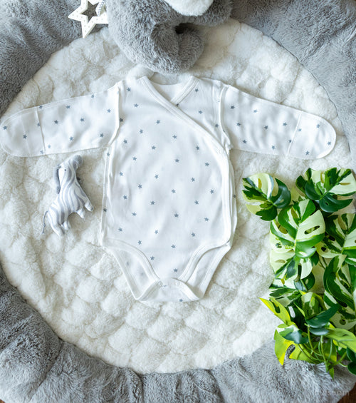 Outseam Bodysuit - Grey Stars — soft cotton baby bodysuit with outward seams